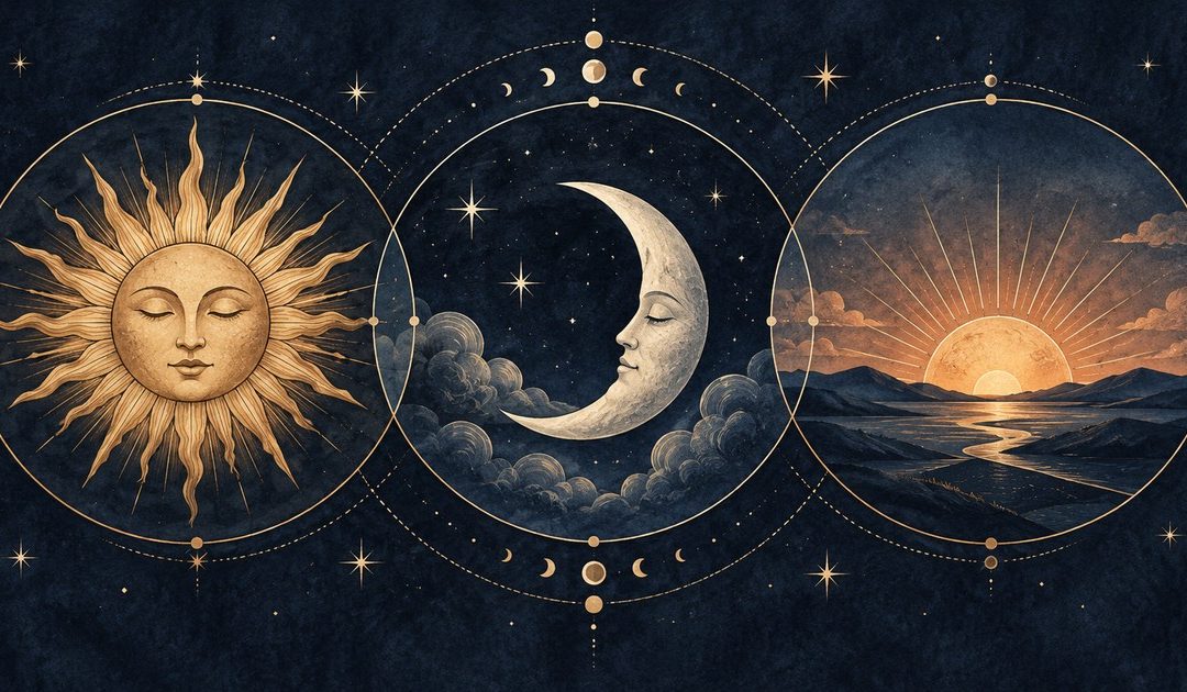 Decorative sun, crescent moon and sunrise symbols on an indigo background