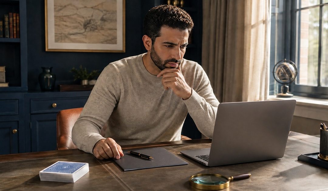 An adult Middle Eastern man with short curly hair and a neatly trimmed beard comparing two service options on a laptop at a stylish navy and sand home office