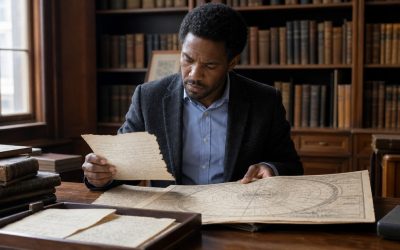 Historian reviewing letters and celestial charts in an archival library