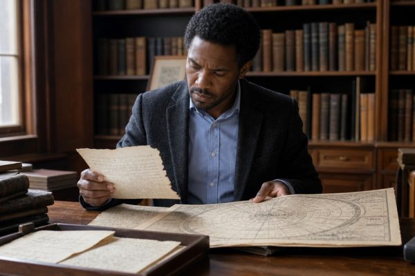 Historian reviewing letters and celestial charts in an archival library