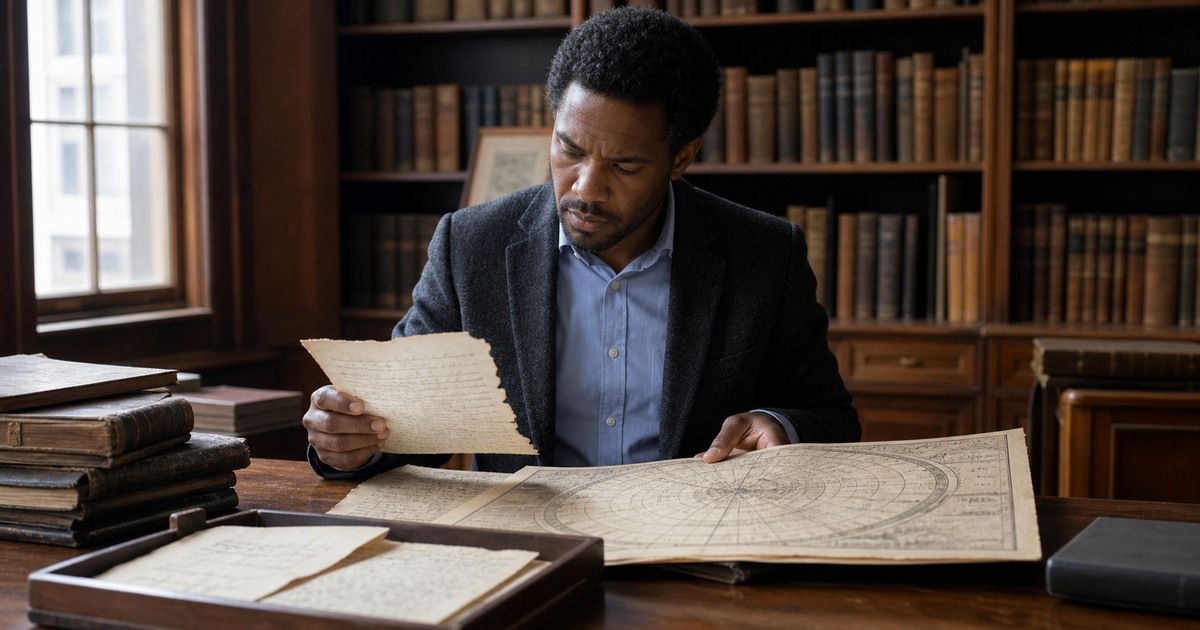 Historian reviewing letters and celestial charts in an archival library