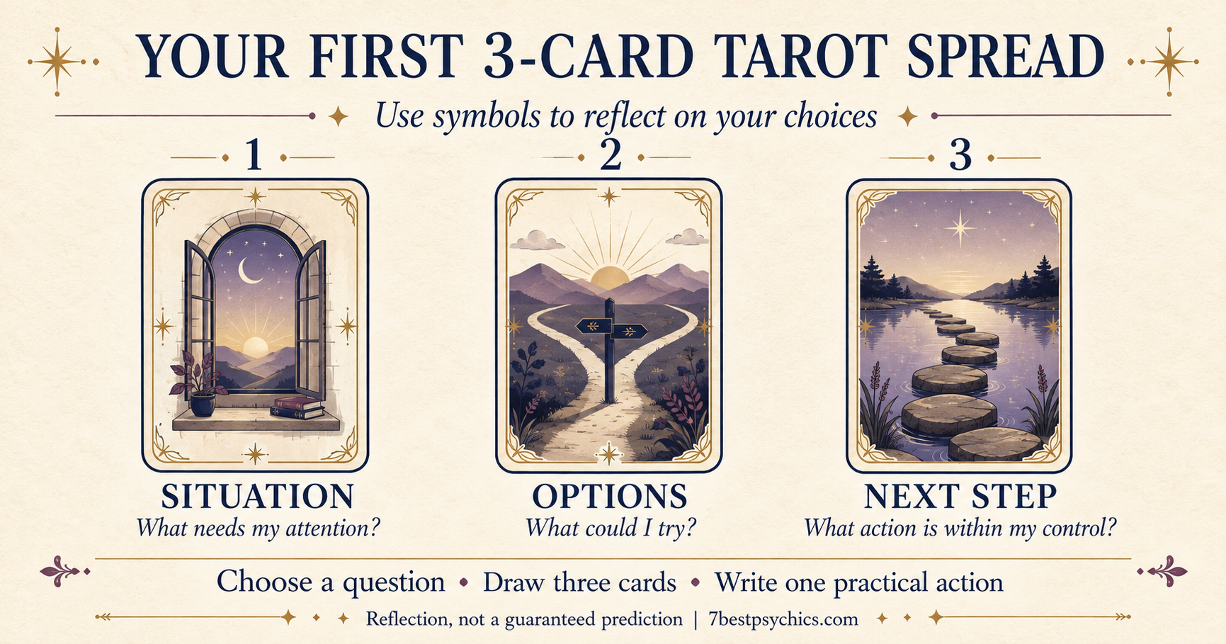 Three-card spread: situation—what needs my attention; options—what could I try; next step—what action is within my control.