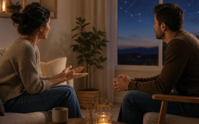 A couple having a calm conversation beneath subtle zodiac constellations