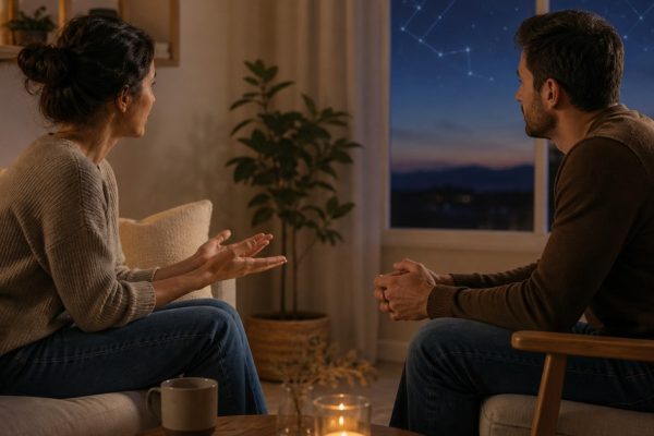 A couple having a calm conversation beneath subtle zodiac constellations