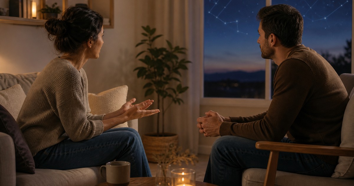A couple having a calm conversation beneath subtle zodiac constellations