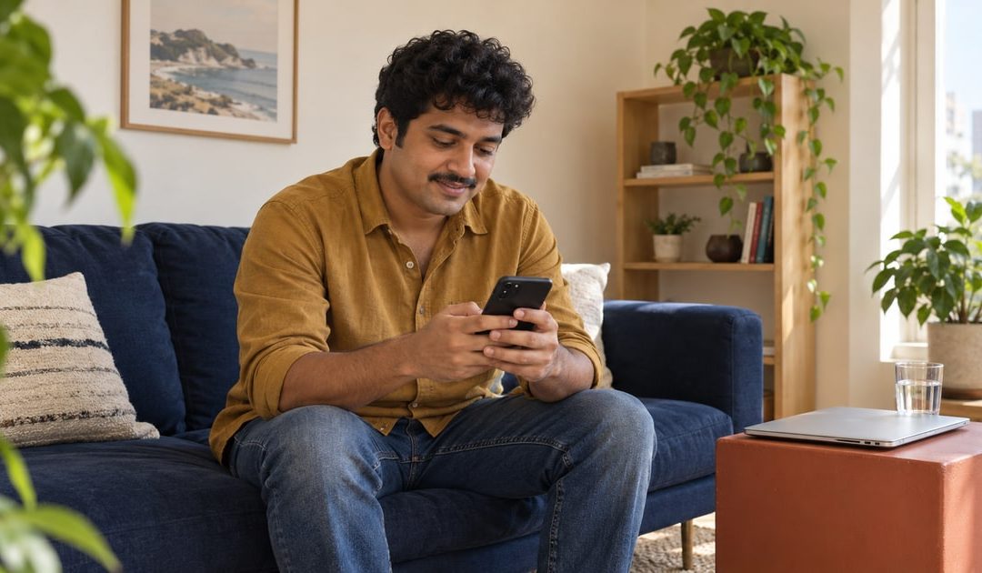 Illustrative first-time client checking reading options on a smartphone, with a closed laptop nearby.