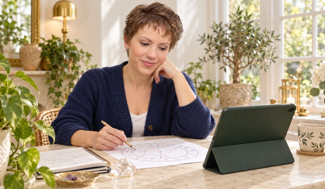 A short-haired woman reviewing a printed birth chart beside a landscape tablet and notebook.